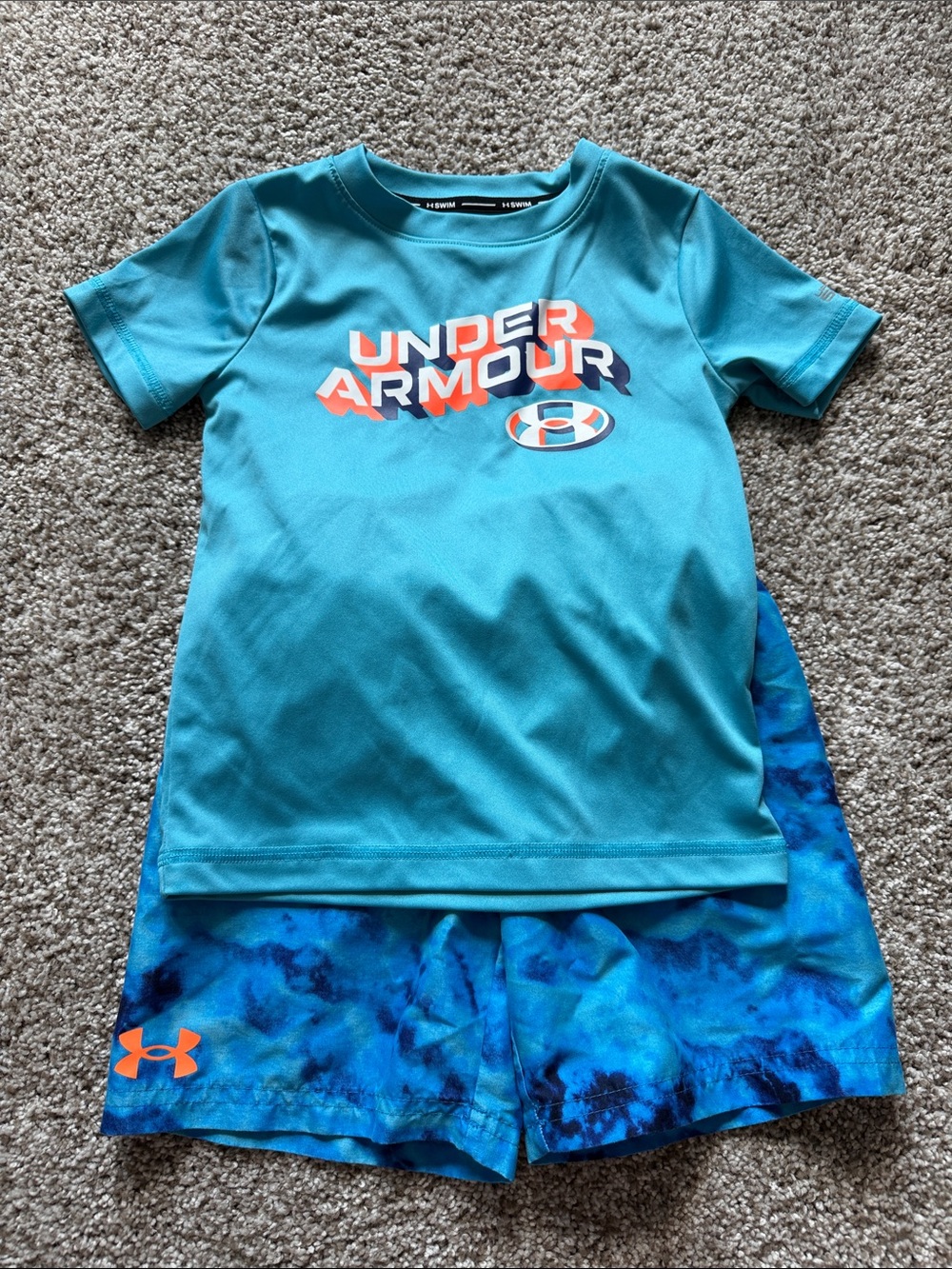 Under Armour Boys Teal Swim Rashguard Set with Blue Patterned Shorts